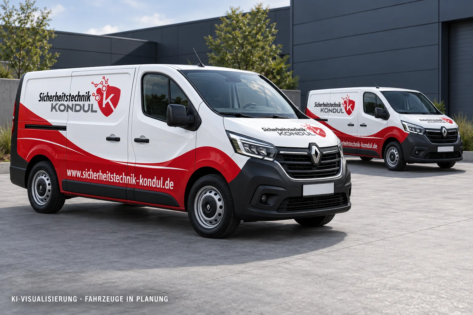 AI visualisation of proposed Renault Trafic vans in white and red Kondul livery; not a photo of the existing fleet.